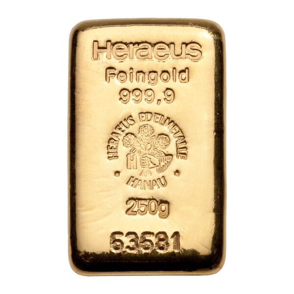 Zlatna poluga 250 grama Heraeus, prednja strana