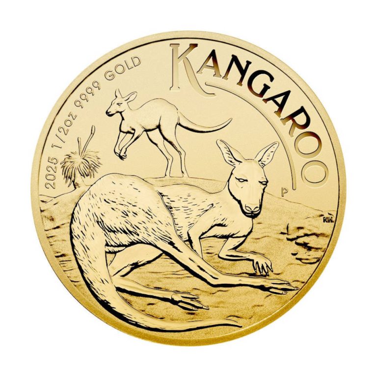 Investicijski zlatnik "Klokan" (Kangaroo) od pola unce (15,55 grama), Australija Investicijski zlatnik Klokan Kangaroo pola unce 15,55 grama, Australija, 2025, prednja strana