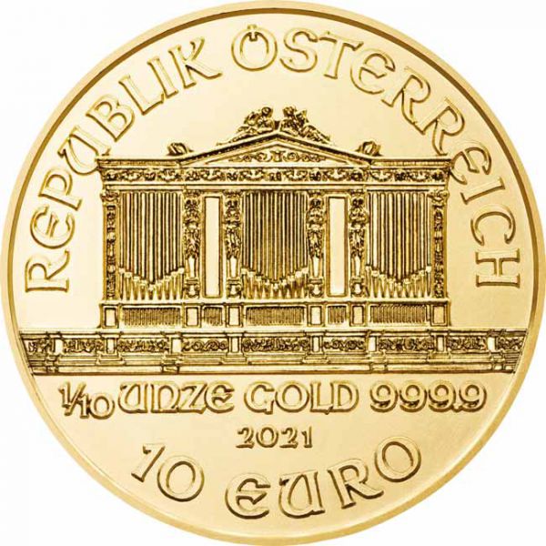 Zlatnik Wiener Philharmoniker desetina unce 1/10 oz godina 2021, nominala 10 eura (3,11 grama)