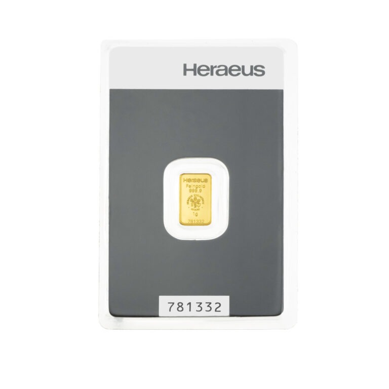 Zlatna poluga 1 gram, razni proizvođači Zlatna poluga 1 gram Heraeus, prednja strana
