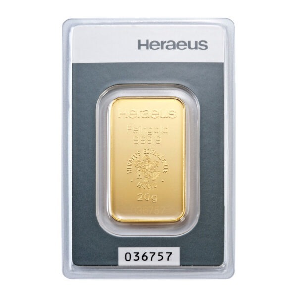 Zlatna poluga 20 grama Heraeus prednja strana
