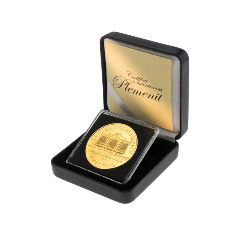 Zlatnik Wiener Philharmoniker od jedne unce u poklon kutiji od umjetne kože Zlatnik Wiener Philharmoniker 1 unca u kutiji od umjetne kože, prednja strana