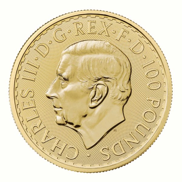 Zlatnik 100 funti GBP Britannia 1 unca Charles III prednja strana (avers)