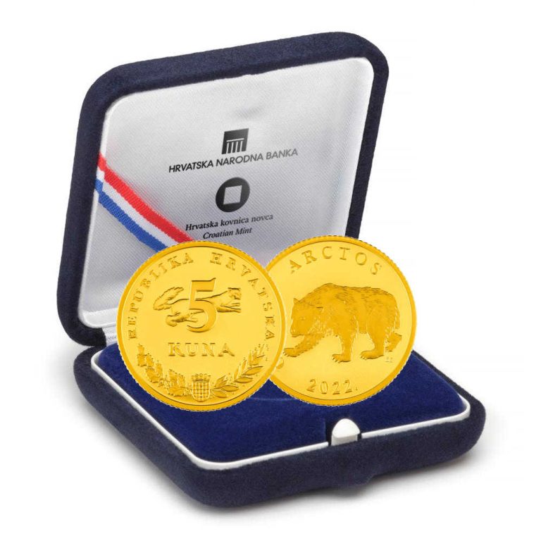 Hrvatski zlatnik 5 kuna Mrki medvjed u plavoj poklon kutiji