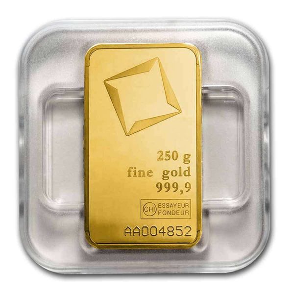 Zlatna poluga 250 grama Valcambi kovana u kutiji prednja strana