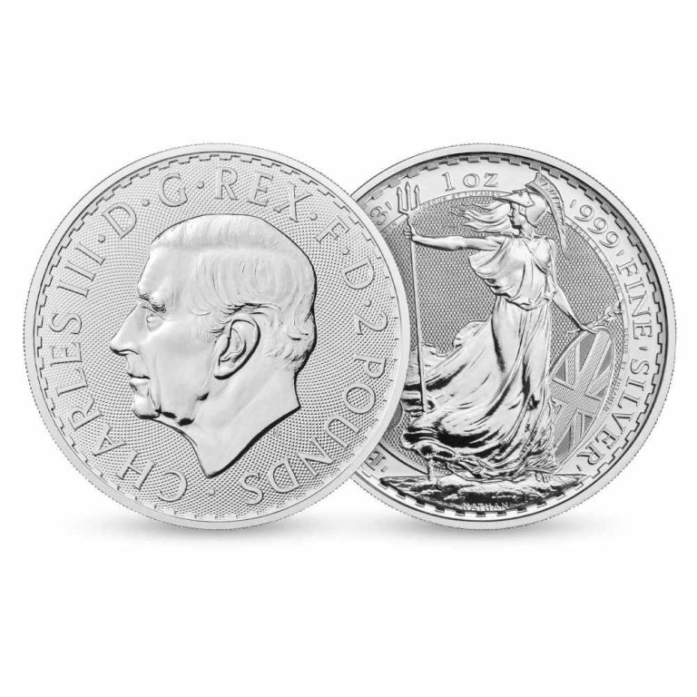 Investicijski srebrnjak Britannia 1 unca kralj Charles III obje strane 2023