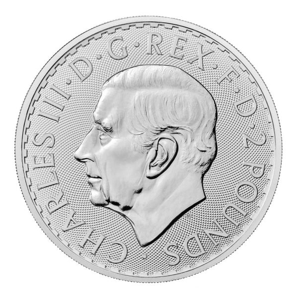 Investicijski srebrnjak Britannia 1 unca Kralj Charles III prednja strana 2023
