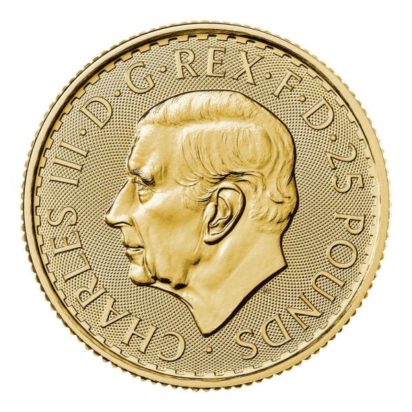 Zlatnik 25 funti GBP četvrtina unce Britannia Charles III prednja strana (avers)