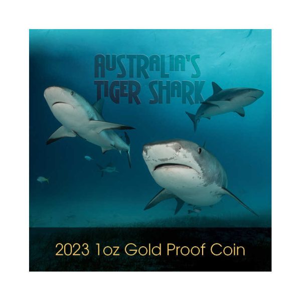Kolorirani zlatnik Tigrasti morski pas iz serije zlatnika Opasne životinje, 1oz, 31.103g, Niue, Novi Zeland, u ukrasnoj poklon kutiji