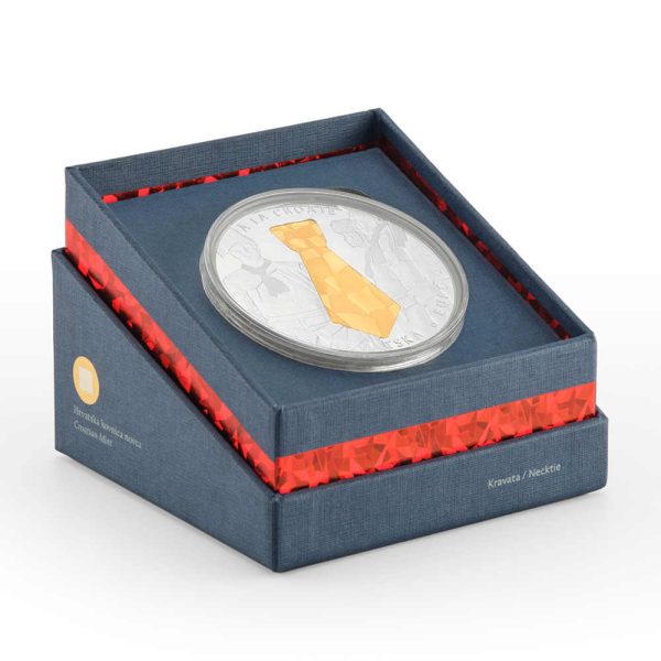 Komplet jednog zlatnika i jednog srebrnjaka, Konturna kravata, Hrvatska, 2023, prva numizmatička kovanica s nominalnom vrijednošću u eurima u originalnoj ukrasnoj poklon kutiji