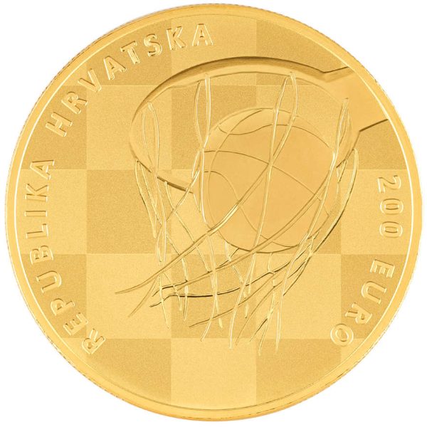 Zlatnik 200 eura Dražen Petrović, 60. obljetnica rođenja, 100 grama, 3,215 oz, Hrvatska 2024, stražnja strana (revers)