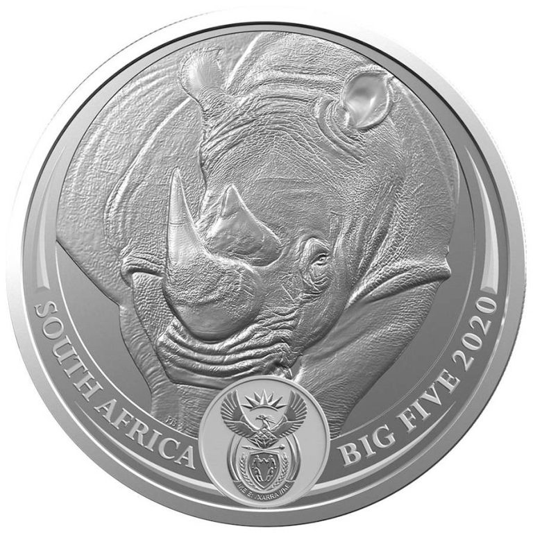 Srebrnjak Big Five 1 Nosorog, 1oz, Južna Afrika, 2020, prednja strana, Gospodari životinjskog svijeta