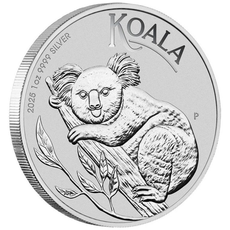 Investicijski srebrnjak 1 AUD, Koala, 1 unca (31,103g), Perth Mint, redovno izdanje, Australija, 2025 Investicijski srebrnjak Koala, Perth Mint, 1 unca, Australija, 2025, prednja strana s prikazanim rubom