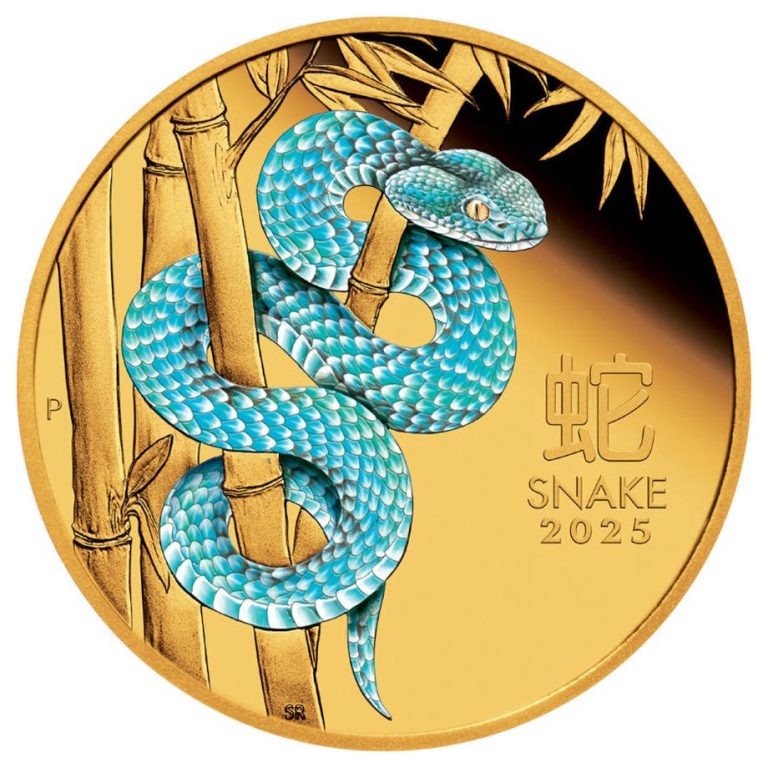 NUMIZMATIKA: Obojani zlatnik 100 AUD, Kineska lunarna godina - Zmija, 1 unca (31,103 grama), PP, Australija, 2025, iz privatne kolekcije Obojani zlatnik 100 AUD Zmija - Kineska lunarna godina, 2025, prednja strana
