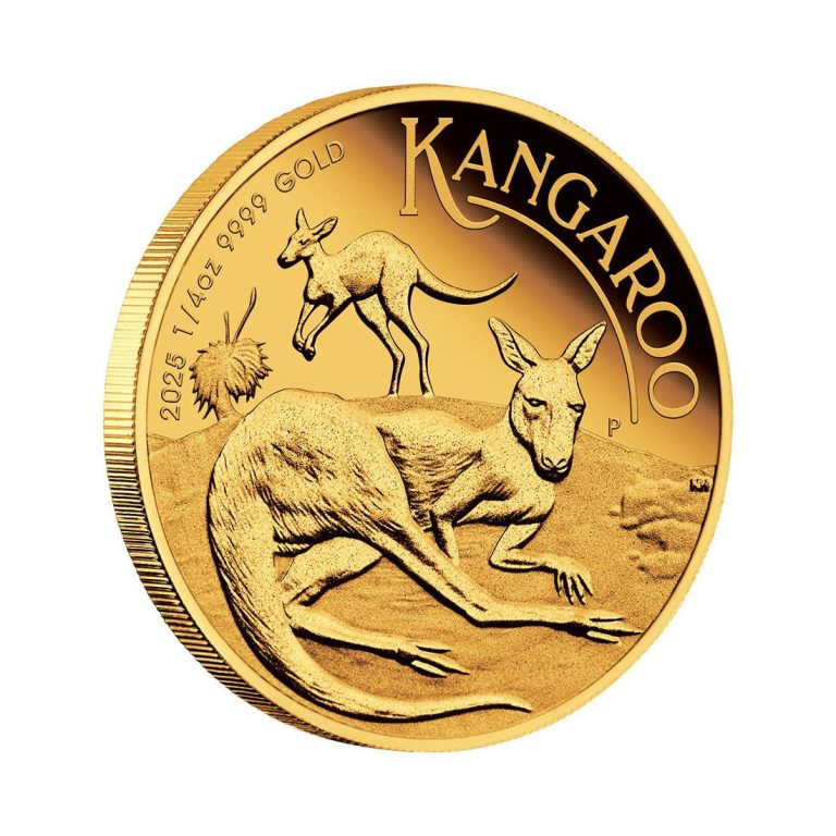 NUMIZMATIKA: Zlatnik 25 AUD Klokan (Kangaroo), polirana ploča, 1/4 unce (7,77 grama), Australija, 2025 Numizmatički zlatnik 25aud Klokan Kangaroo, polirana ploča, Australija, 2025, prednja strana s rubom