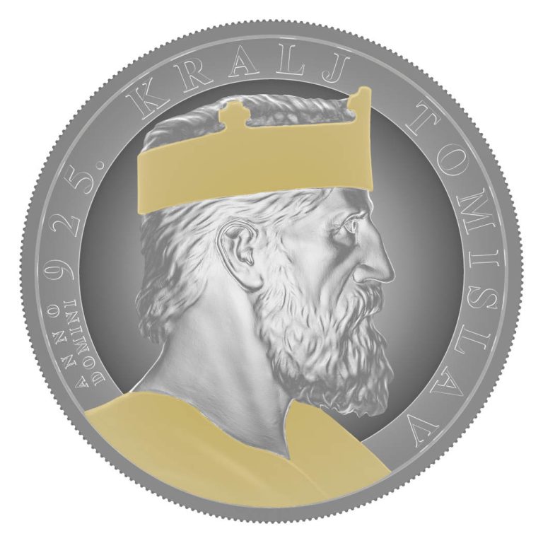 Pozlaćeni srebrnjak 6eur 2oz Kralj Tomislav, 1100. godišnjica krunidbe, Hrvatska, 2025, prednja strana