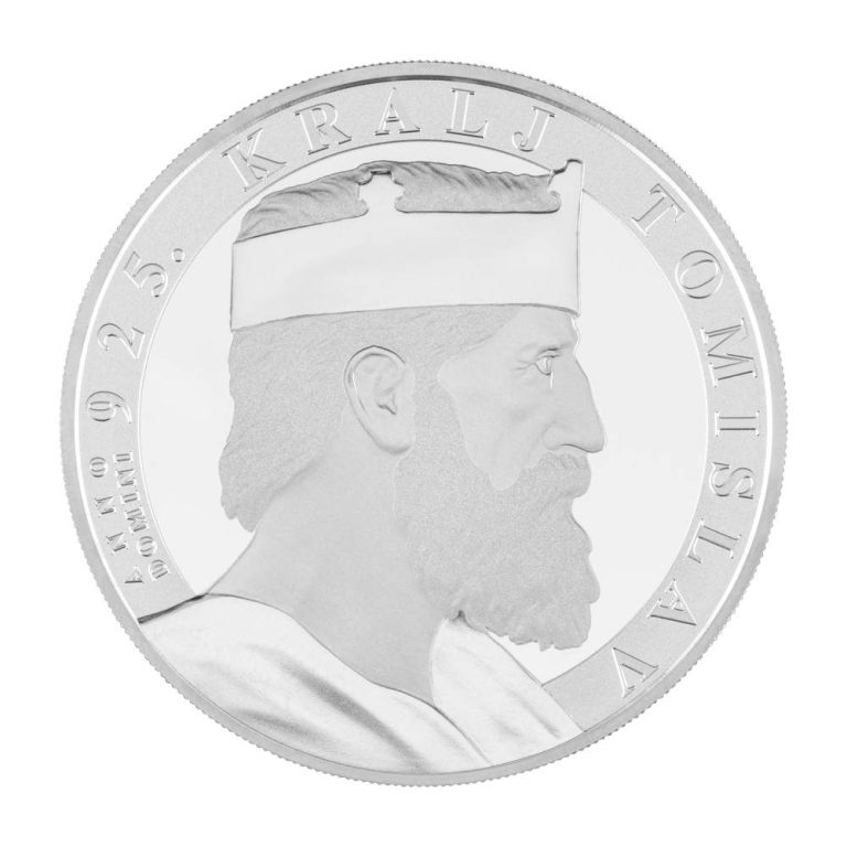 NUMIZMATIKA: Srebrnjak "Kralj Tomislav", nominala 4 €, 1 unca, izdan u povodu 1100. obljetnice prvog spomena Tomislava kao hrvatskoga kralja, 925-2025 Srebrnjak 4eur Kralj Tomislav, 1100. godišnjica krunidbe, Hrvatska, 2025, prednja strana