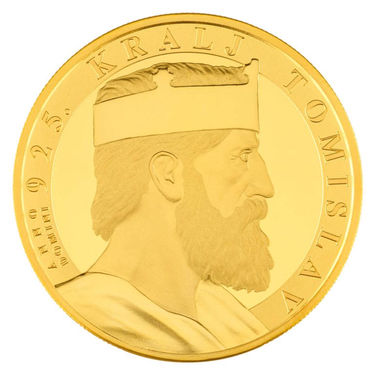 NUMIZMATIKA: Zlatnik "Kralj Tomislav", najveći zlatnik u seriji, nominala 200 €, 100 grama, izdan u povodu 1100. obljetnice prvog spomena Tomislava kao hrvatskoga kralja, 925-2025, iskovan u svega 100 primjeraka Veliki zlatnik 200 EUR Kralj Tomislav 1100 godišnjica krunidbe, 100 grama, Hrvatska, 2025, prednja strana