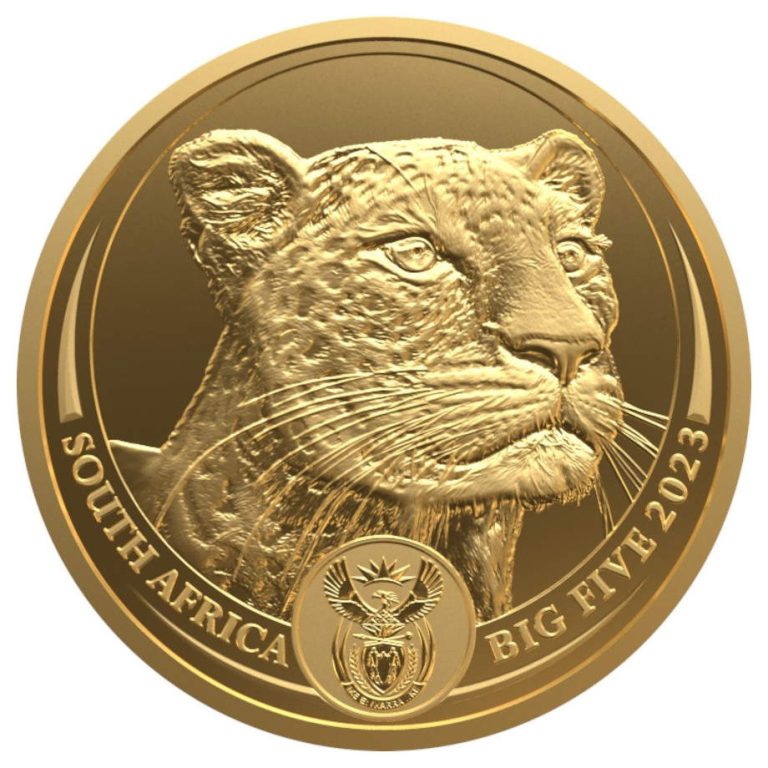 Zlatnik BigFive2 Leopard 1oz Numizmatika Južna Afrika 2023, prednja strana, Gospodari životinjskog svijeta