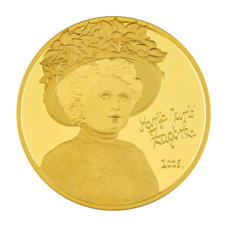 NUMIZMATIKA: Zlatnik "Marija Jurić Zagorka", nominala 100 €, 1 unca, iskovan u svega 100 primjeraka Zlatnik 100 eur Marija Jurić Zagorka, 1 unca, Hrvatska 2025, prednja strana