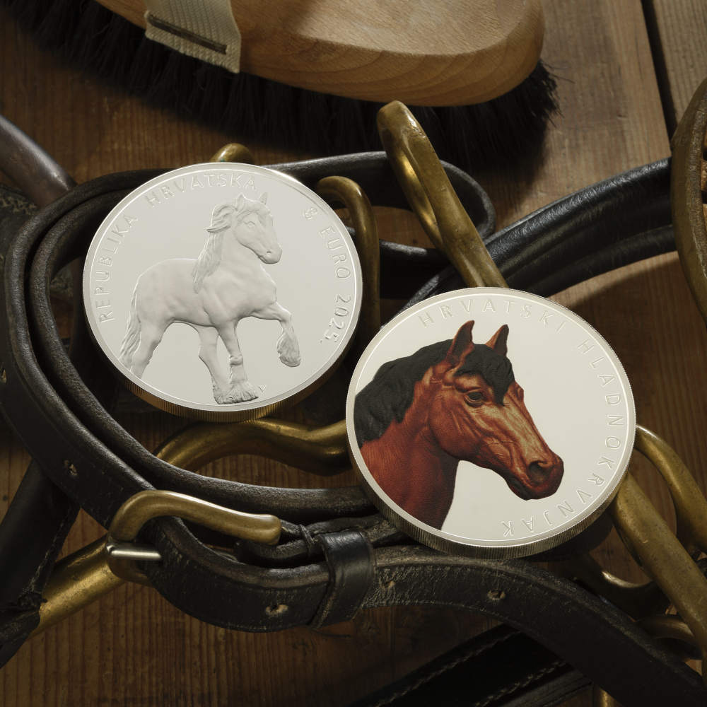 NUMIZMATIKA: Kolorirani srebrnjak "Hrvatski konj hladnokrvnjak", nominala 8 eur, masa 5 unci (155.51g), Hrvatska, 2025 - Slika 3