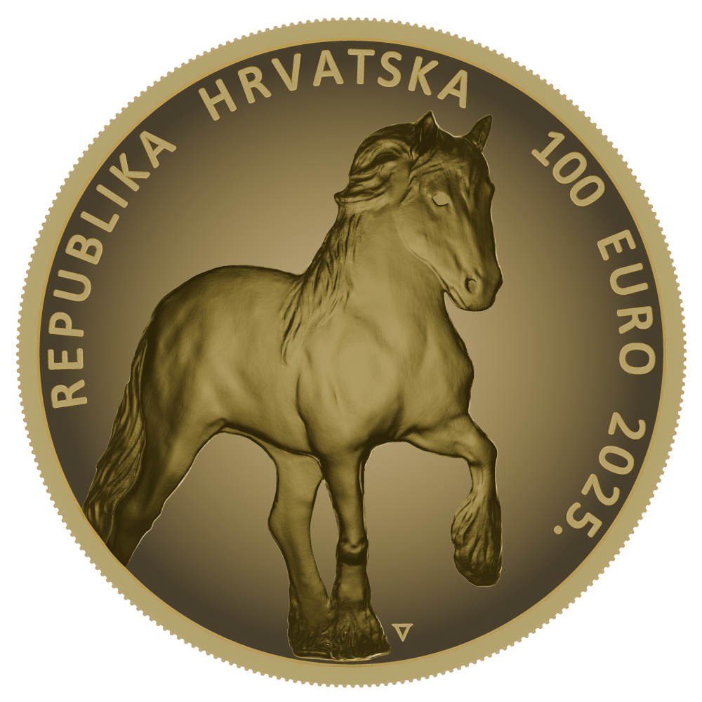 Zlatnik obojani Hrvatski konj hladnokrivnjak 1oz 100eur Hrvatska 2025, stražnja strana