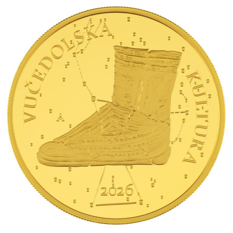 NUMIZMATIKA: Zlatnik "Vučedolska kultura", nominala 100 €, ukupna masa 1 unca, Hrvatska, 2026, iskovan u svega 50 primjeraka Zlatnik 100 eur Vučedolska kultura, 1 unca, Hrvatska, 2026, prednja strana